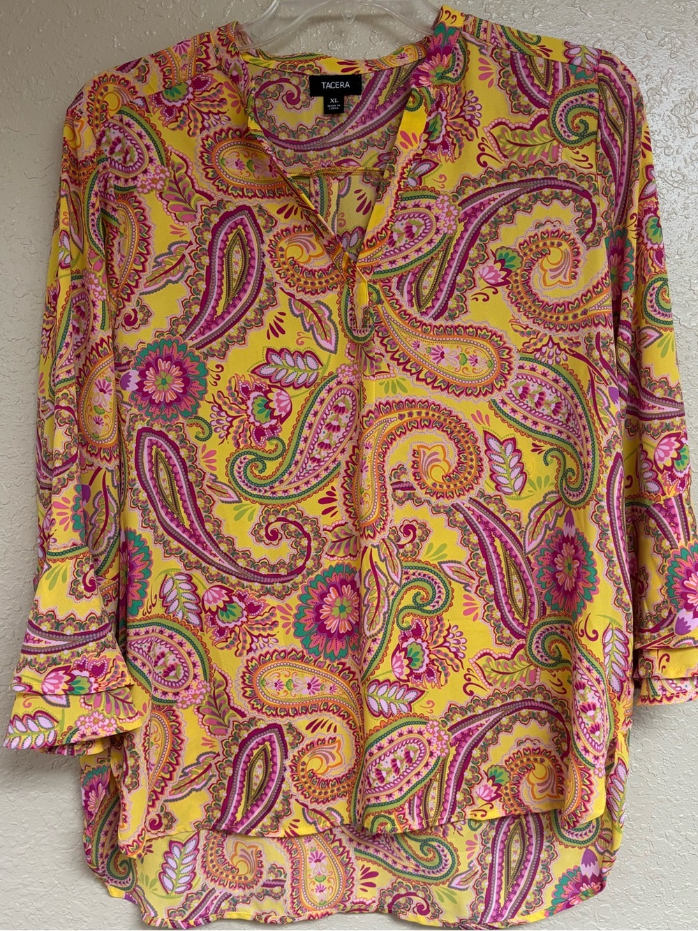 Tacera Yellow Paisley V-Neck Tunic with Pink & Green Accents